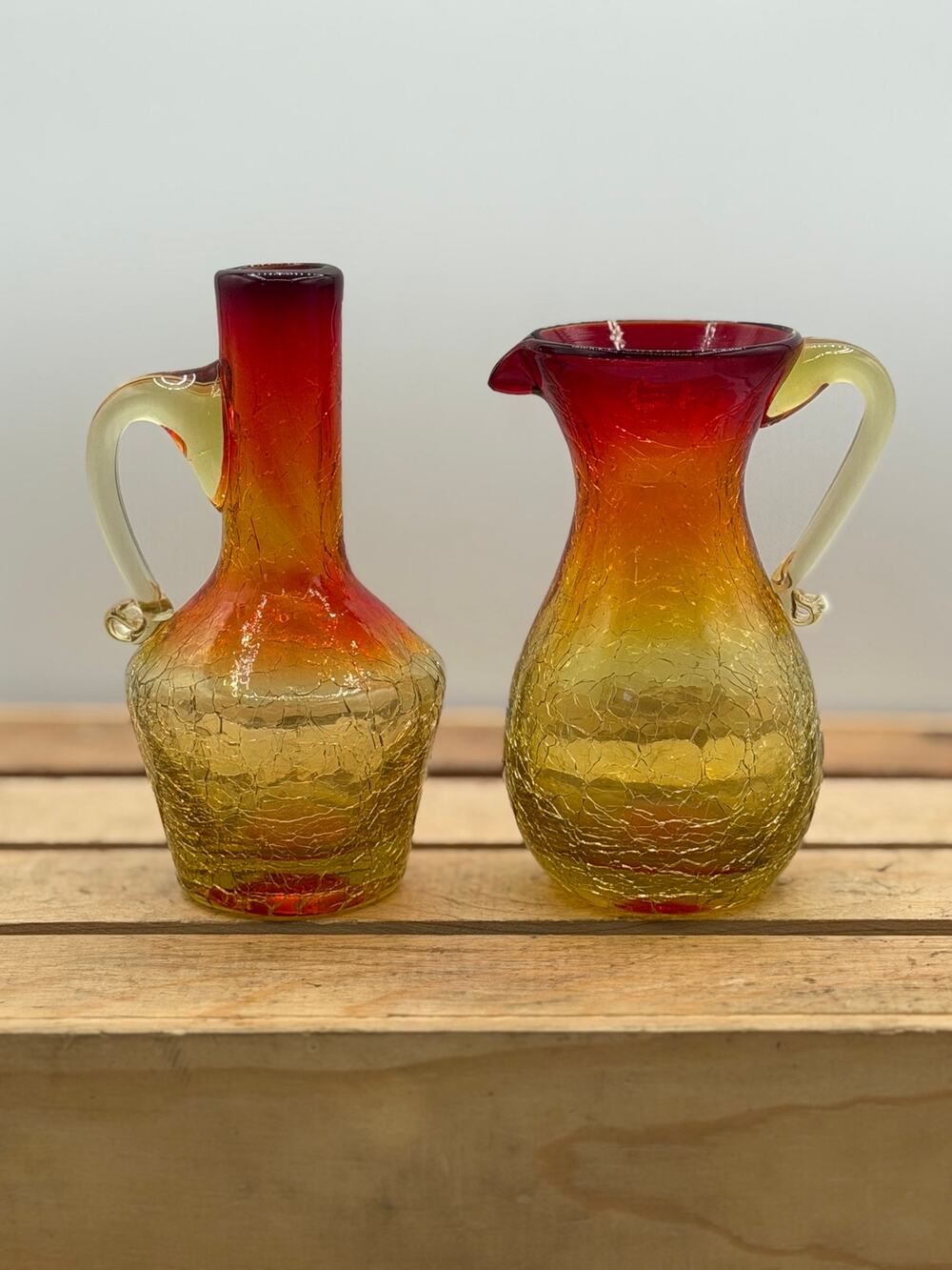Vintage Mid-Century Amberina Crackle Glass Mini Pitcher Set - 6” Tall
